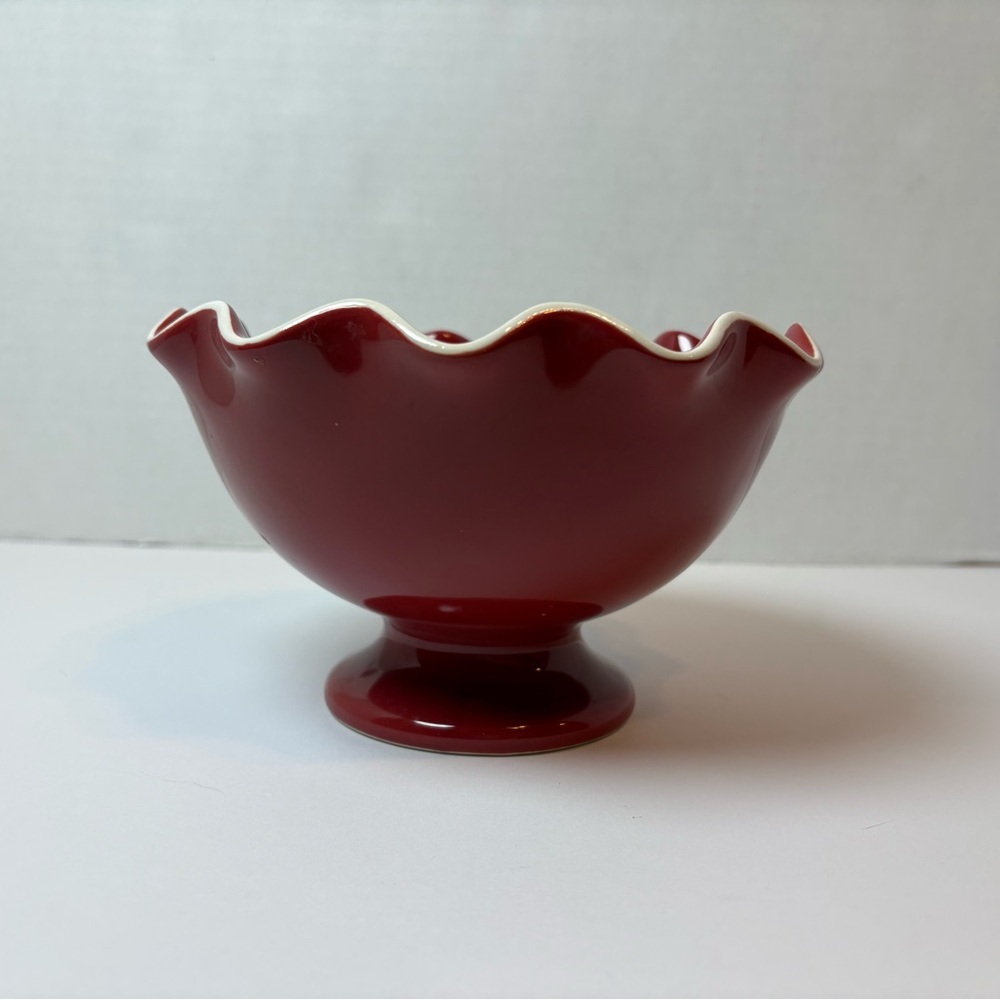 Longaberger Pottery Be My Valentine red footed ruffled ceramic bowl candy dish